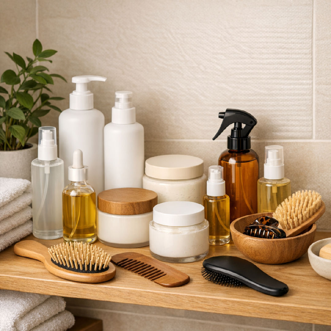 A shelf of hair products